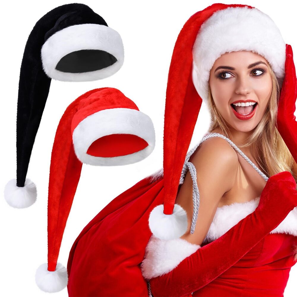 4137 2 Pcs Santa Hat, Adults 30 Inch Black and Red Plush Deluxe Long